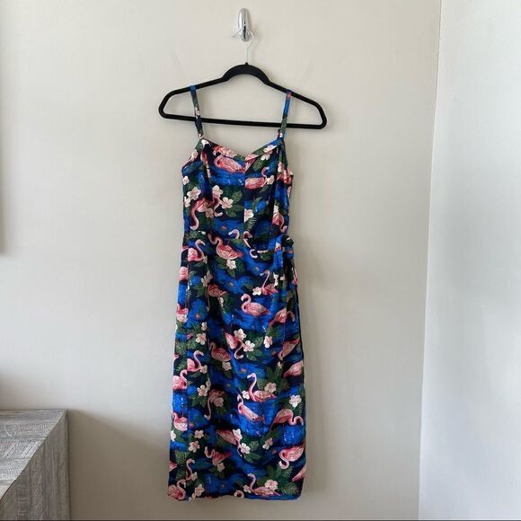 Revival-flamingo print Faux Wrap Midi Holiday/Sumner Dress - Picture 1 of 12